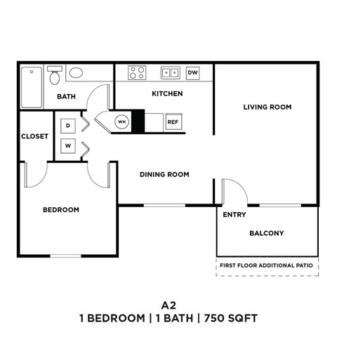 A floor plan of a one bedroom apartment with one bath.